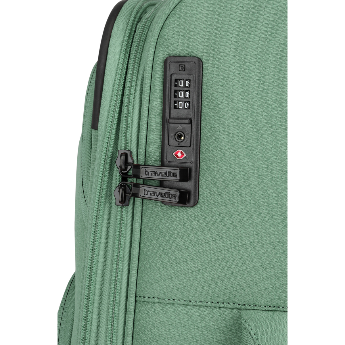 Lieblingstasche Kick Off trolley suitcase in sage green with a secure TSA combination lock and zipper pulls.