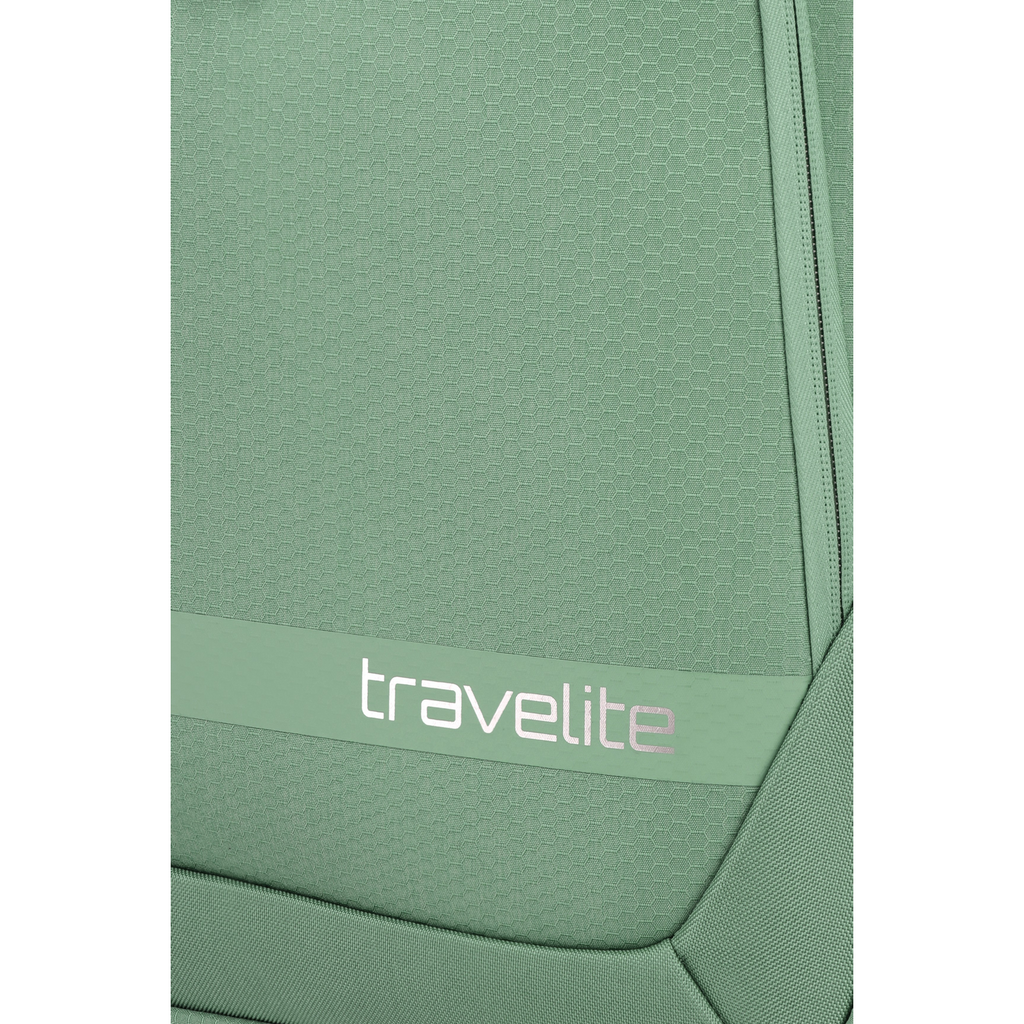 Lieblingstasche Kick Off trolley suitcase in sage green with a textured honeycomb pattern and travelite logo detail