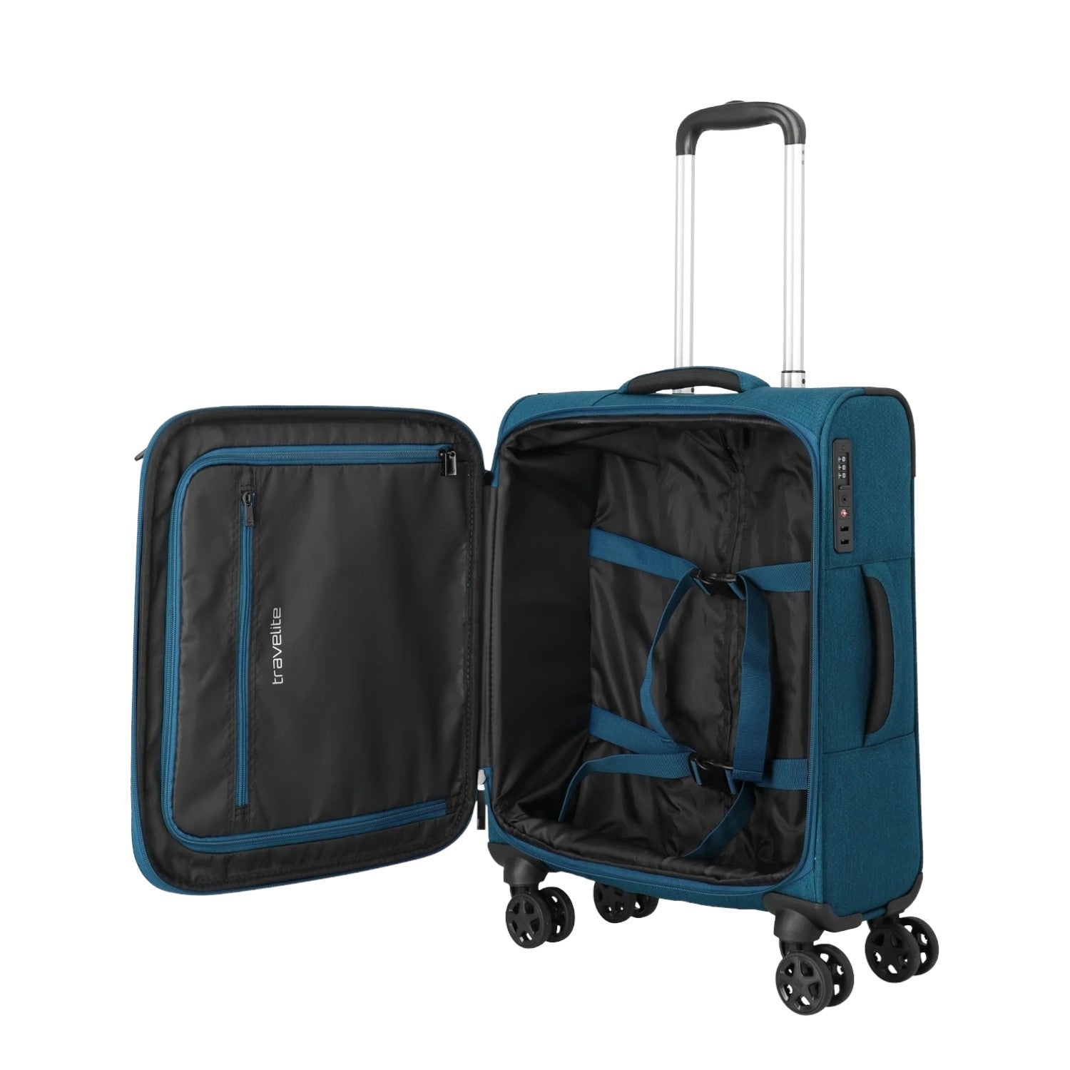 Lieblingstasche KICK OFF small trolley suitcase in petrol blue with four wheels and open interior compartment