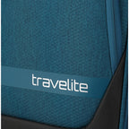 Close-up of the Lieblingstasche KICK OFF Trolley 4w S in petrol blue with textured fabric and travelite branding