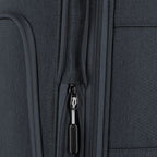 Close-up of the dark grey fabric and zipper detail on a Lieblingstasche KICK OFF expandable 4-wheel trolley suitcase.