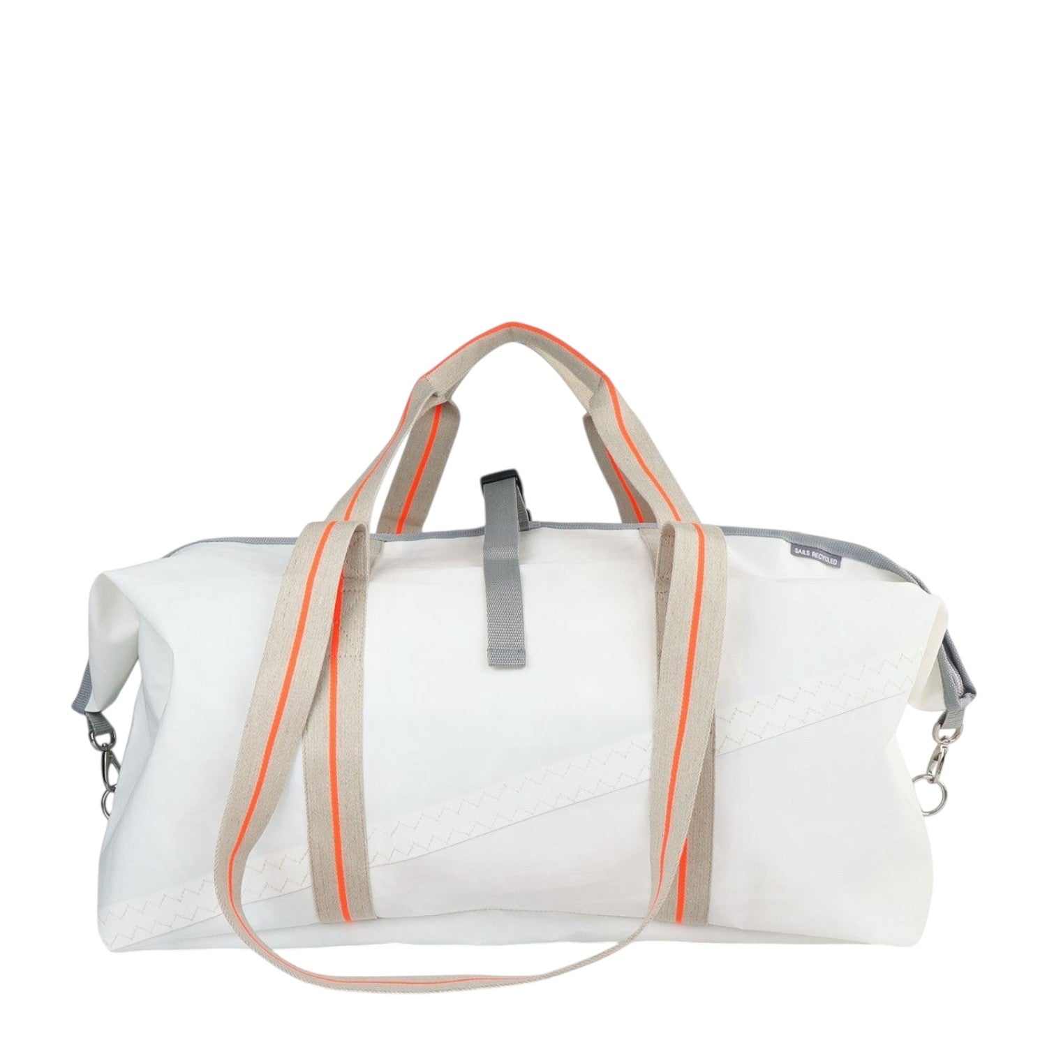 Lieblingstasche Kutter XL white recycled sailcloth duffel bag with grey and orange striped webbing handles