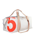 Lieblingstasche Kutter XL white sailcloth duffel bag with a large red number 5 print and beige webbing straps