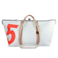 Lieblingstasche Kutter XL white sailcloth tote bag with large red number 5 print and beige carry handles
