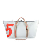 Lieblingstasche Kutter XL white sailcloth tote bag with large red number 5 print and beige carry handles