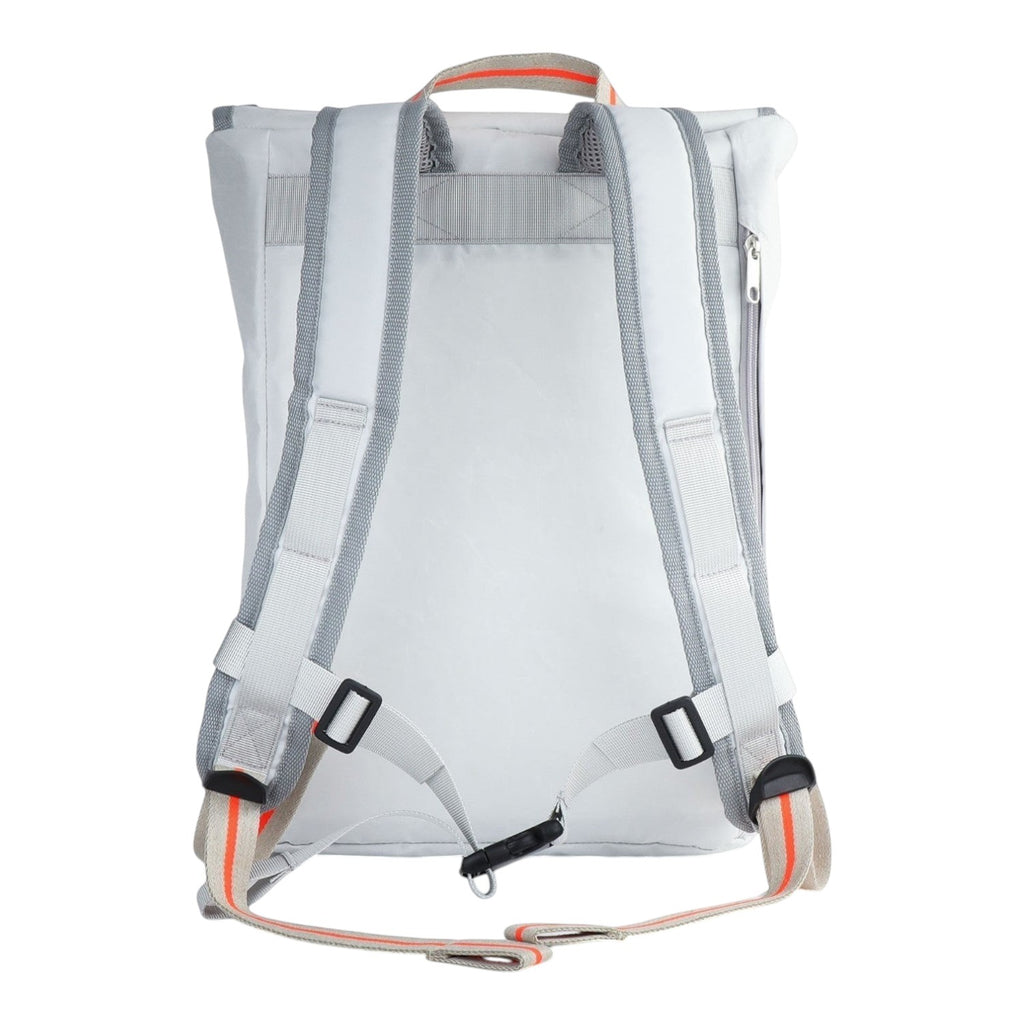 Back view of the Lieblingstasche Landgang Mini backpack in light grey with adjustable straps and orange accents.