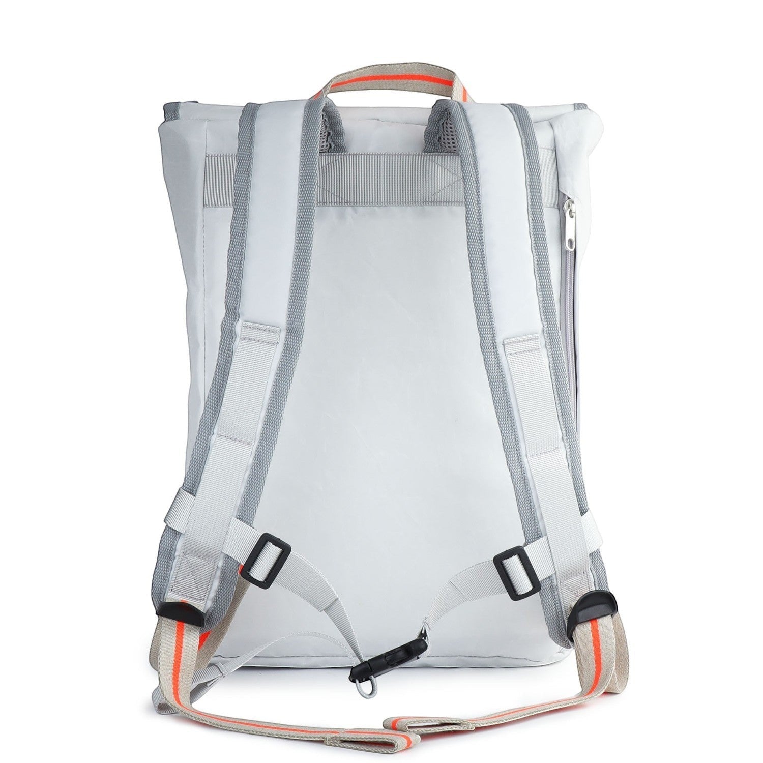 Back view of the Lieblingstasche Landgang Mini backpack in light grey with adjustable straps and orange accents.