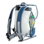 Lieblingstasche Landgang Mini backpack in white and blue recycled sailcloth with a side zipper pocket for a bottle.
