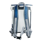 Lieblingstasche Landgang Mini backpack in white and blue recycled sailcloth with adjustable grey shoulder straps.