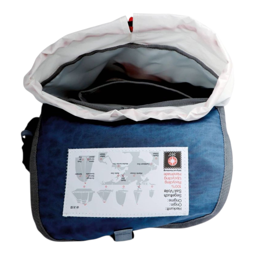 Lieblingstasche Landgang Mini backpack interior view showing recycled sailcloth material and origin label