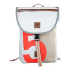 Lieblingstasche Landgang Mini backpack in white sailcloth with a large red number five and brown leather accents.