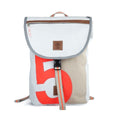 Lieblingstasche Landgang Mini backpack in white sailcloth with a large red number five and brown leather accents.