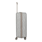 Lieblingstasche Lascana Edition 4W Trolley L, grey suitcase with white abstract pattern, tan trim, telescopic handle, and wheels.