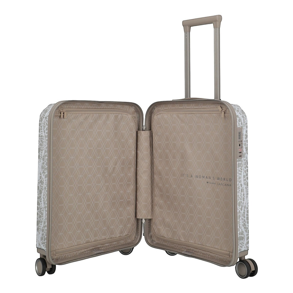 Lieblingstasche Lascana Edition 4W Trolley S, a small, light grey patterned suitcase with a beige interior and telescopic handle.