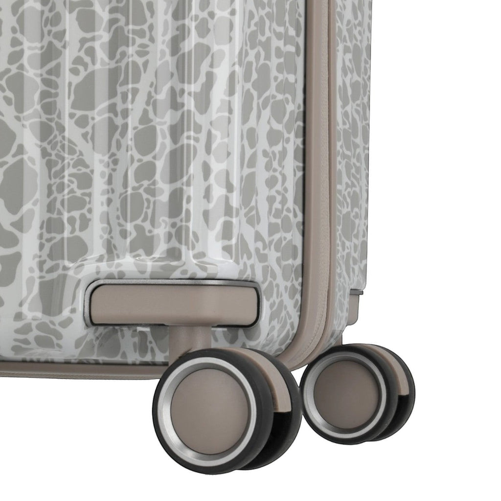 Lieblingstasche Lascana Edition 4W Trolley S, a small suitcase with a white and grey abstract pattern and tan accents.