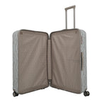 Lieblingstasche Lascana Edition 4W Trolley L, a large grey suitcase with a white lace pattern and TSA lock. Open to reveal a beige interior with geometric lining.
