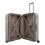 Lieblingstasche Lascana Edition 4W Trolley L, light grey patterned hard-shell suitcase, open to show interior with straps and lining.