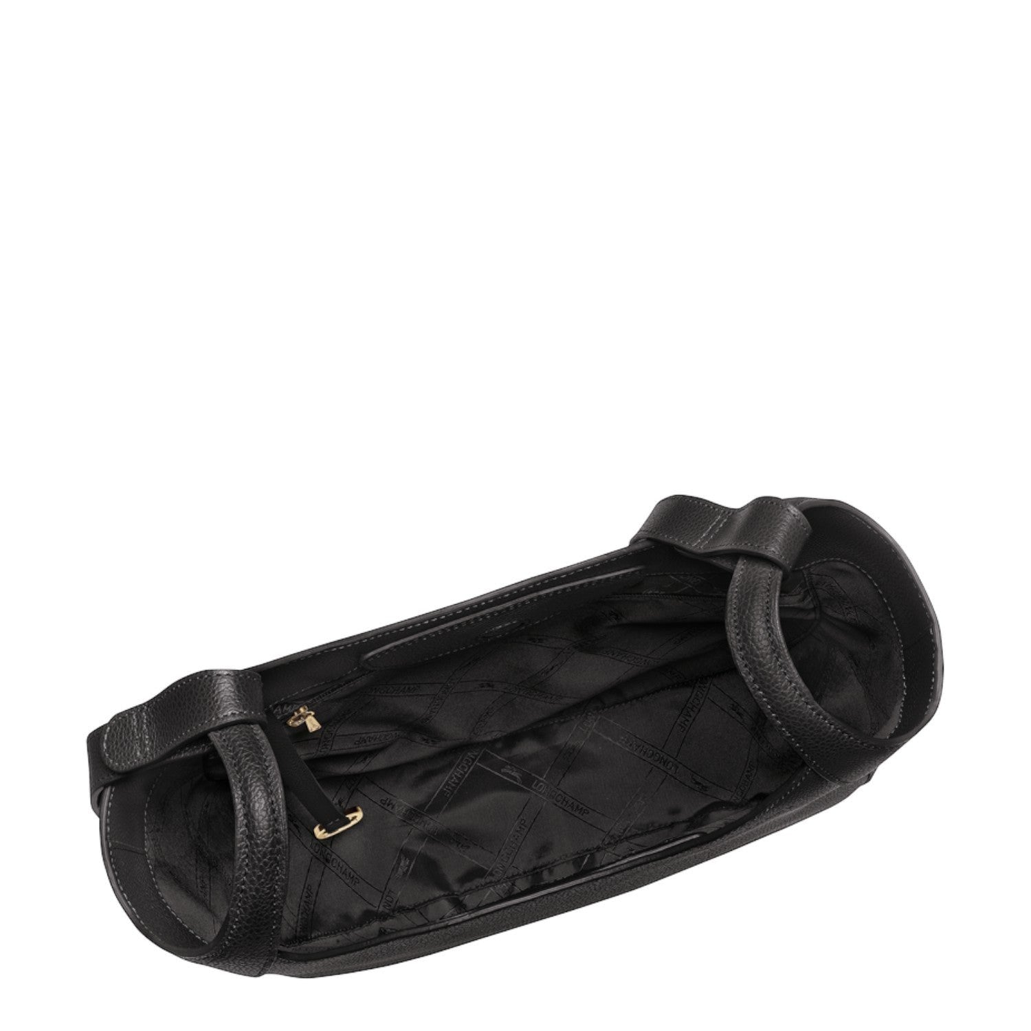 Lieblingstasche Le Foulonné black leather shoulder bag interior view with branded fabric lining and gold hardware