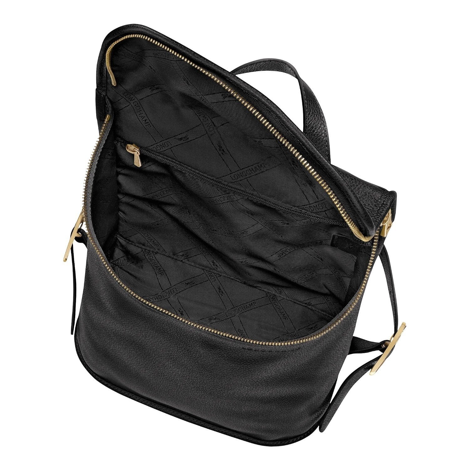 Lieblingstasche Le Foulonné black leather rucksack interior with gold zipper and branded fabric lining