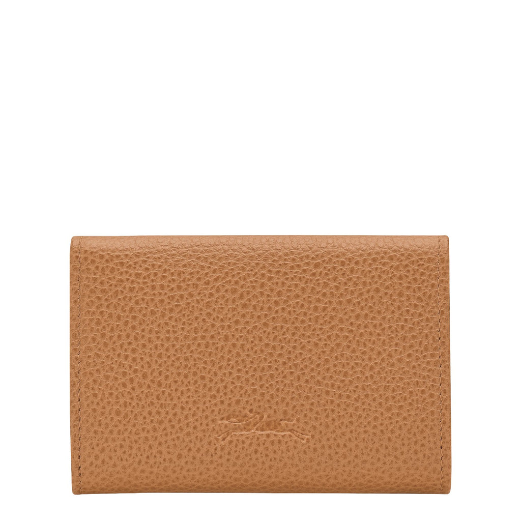Lieblingstasche Le Foulonné card holder in tan pebbled leather with embossed logo.