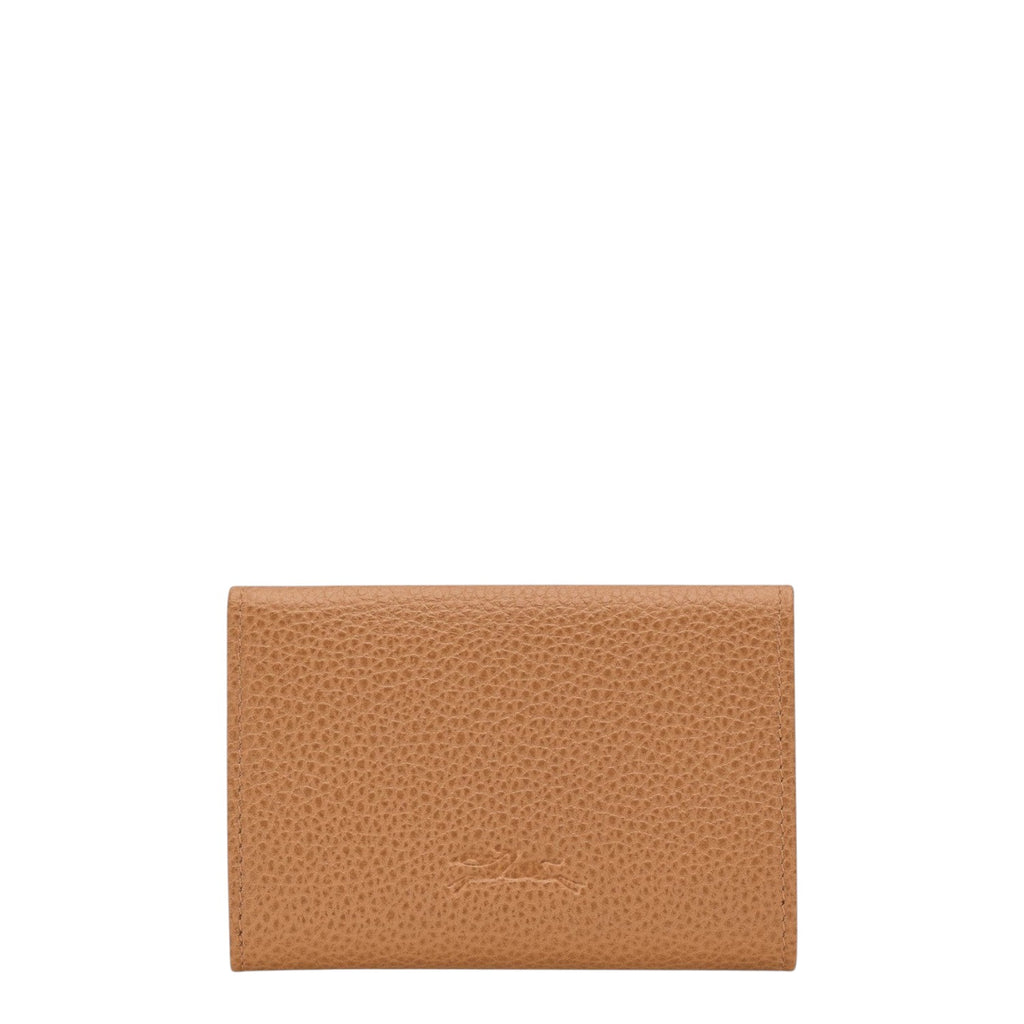 Lieblingstasche Le Foulonné card holder in tan pebbled leather with embossed logo.