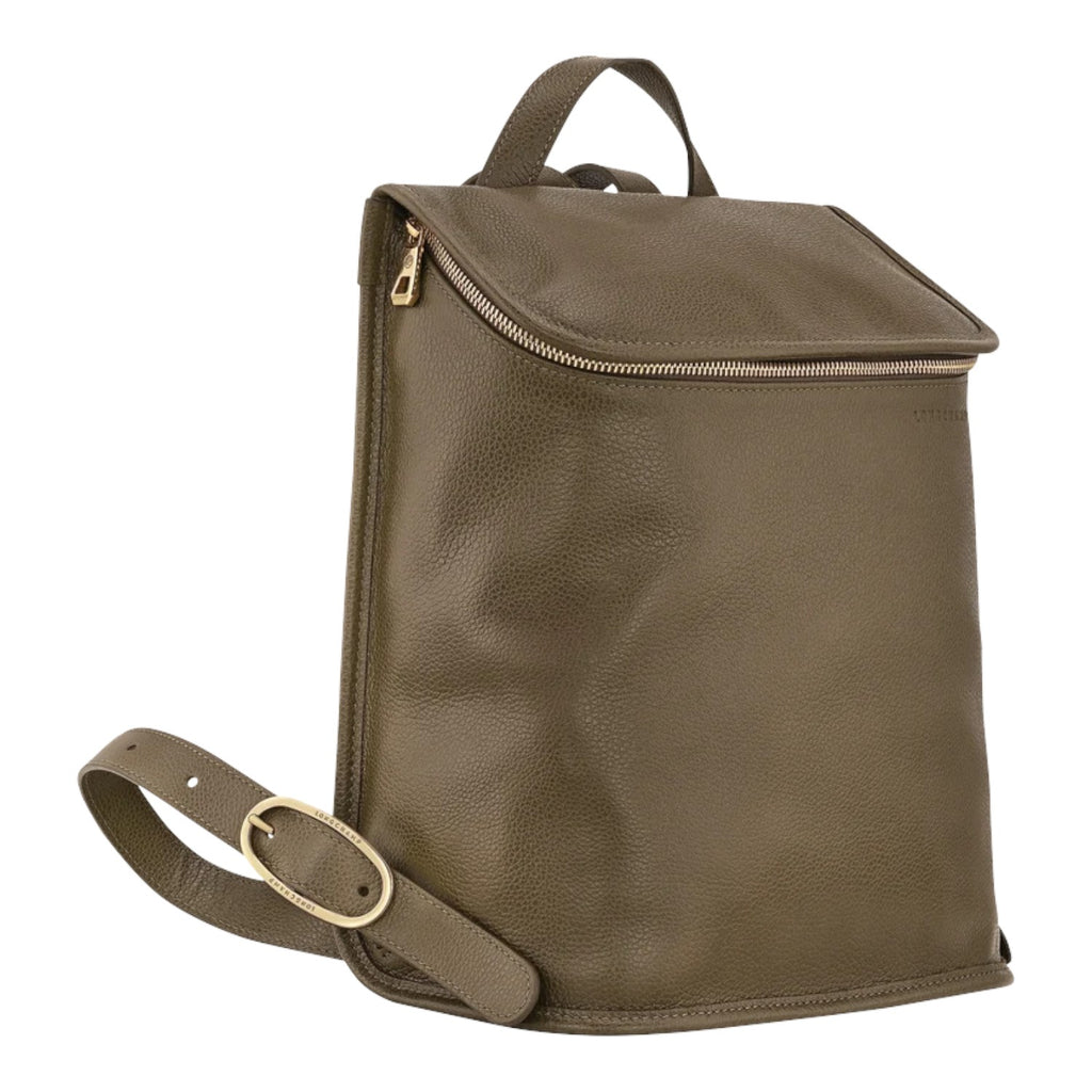 Lieblingstasche Le Foulonné Rucksack in olive green pebbled leather with gold hardware and multiple interior compartments.