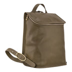 Lieblingstasche Le Foulonné Rucksack in olive green pebbled leather with gold hardware and multiple interior compartments.