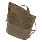 Lieblingstasche Le Foulonné Rucksack in olive green leather with multiple interior compartments and gold-tone hardware.