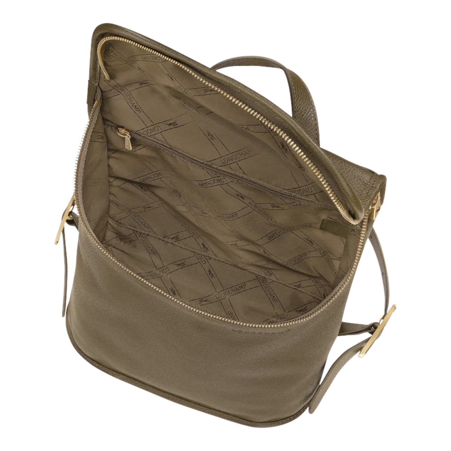 Lieblingstasche Le Foulonné Rucksack in olive green leather with multiple interior compartments and gold-tone hardware.