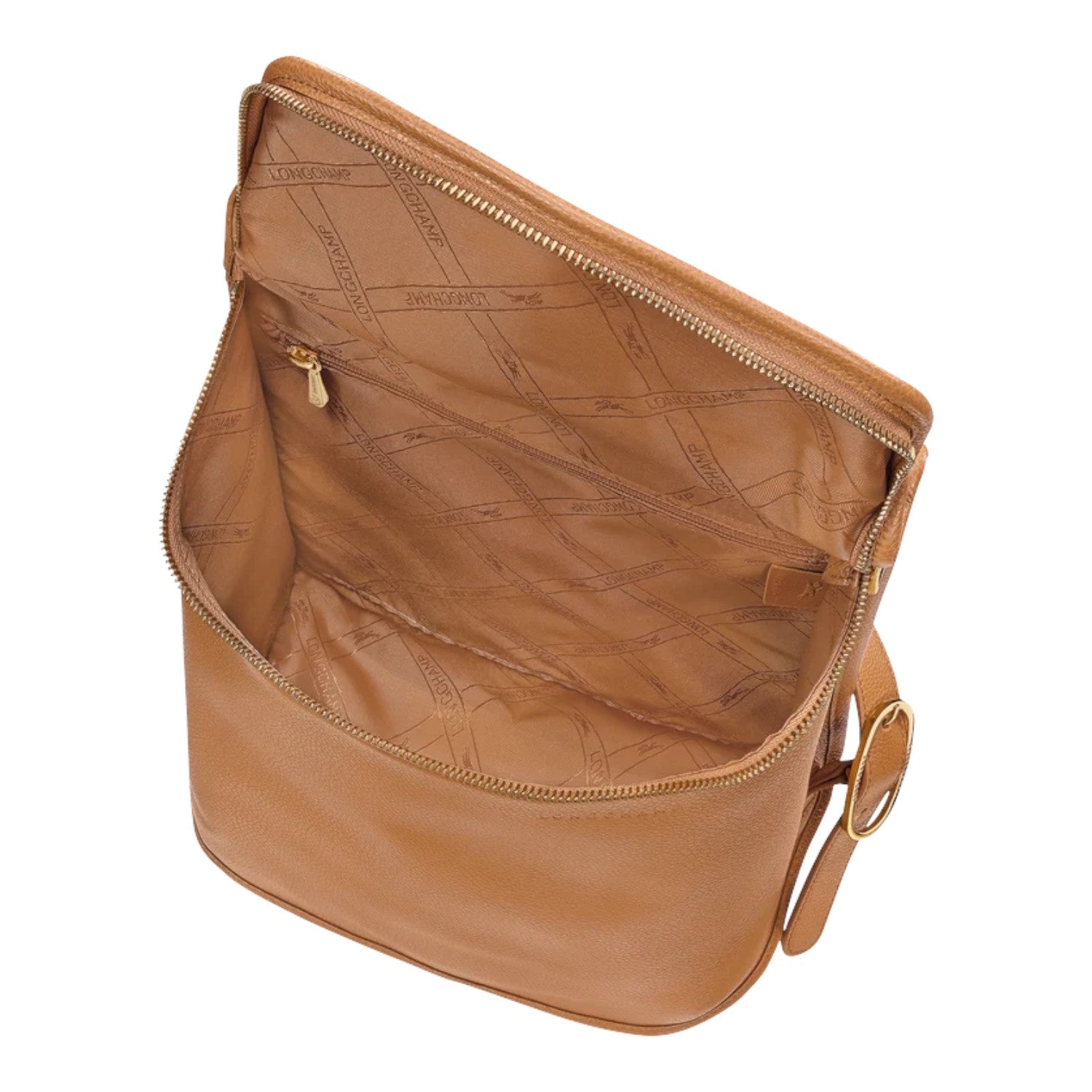 Lieblingstasche Le Foulonné Rucksack in tan leather with branded lining and gold hardware.