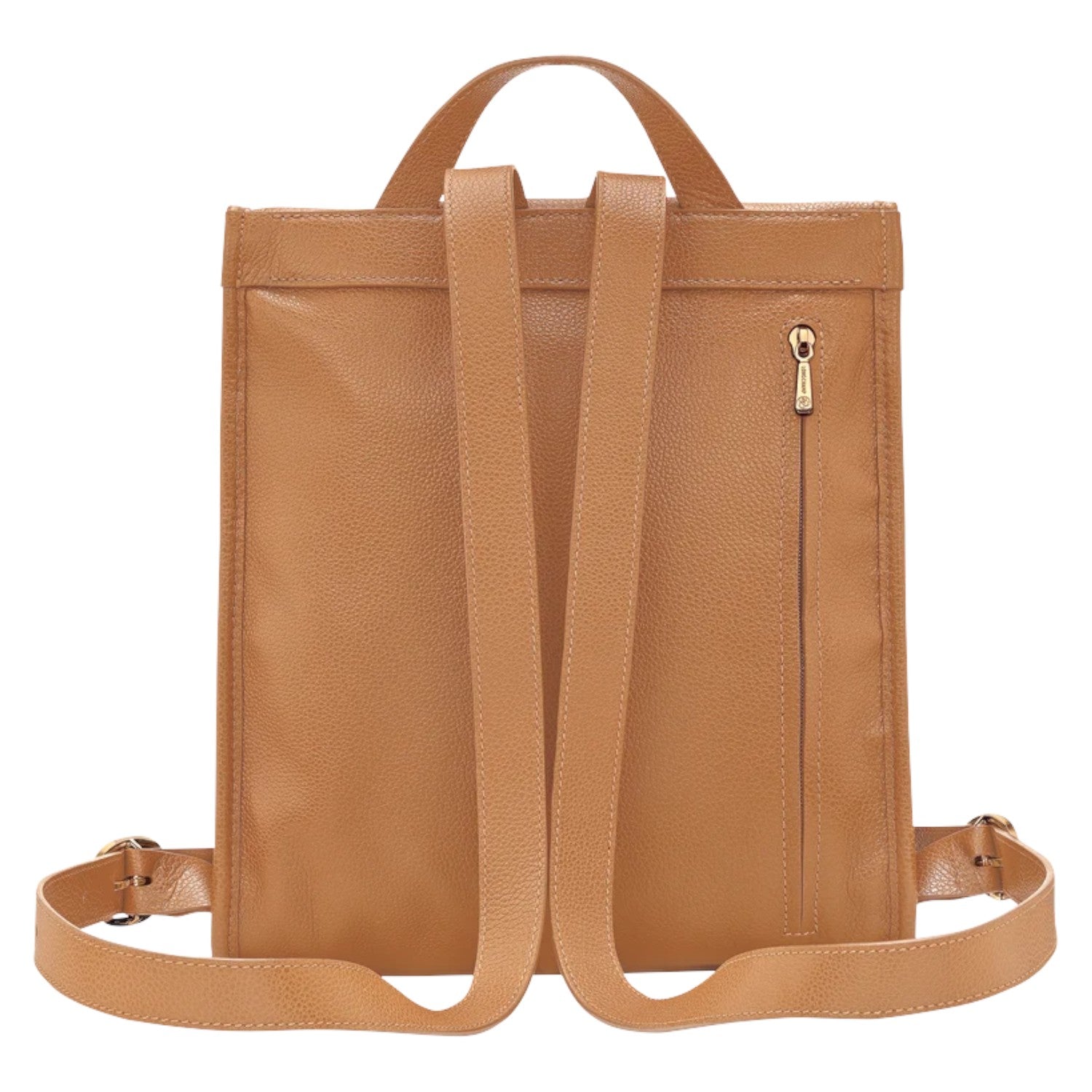 Lieblingstasche Le Foulonné Rucksack in tan pebbled leather with adjustable straps and a zippered pocket.