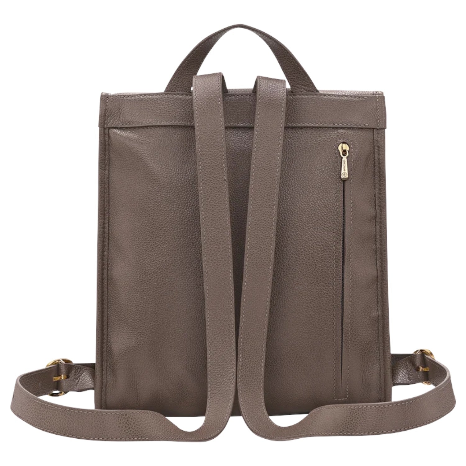 Lieblingstasche Le Foulonné Rucksack in taupe pebbled leather with adjustable straps and gold zipper pocket.