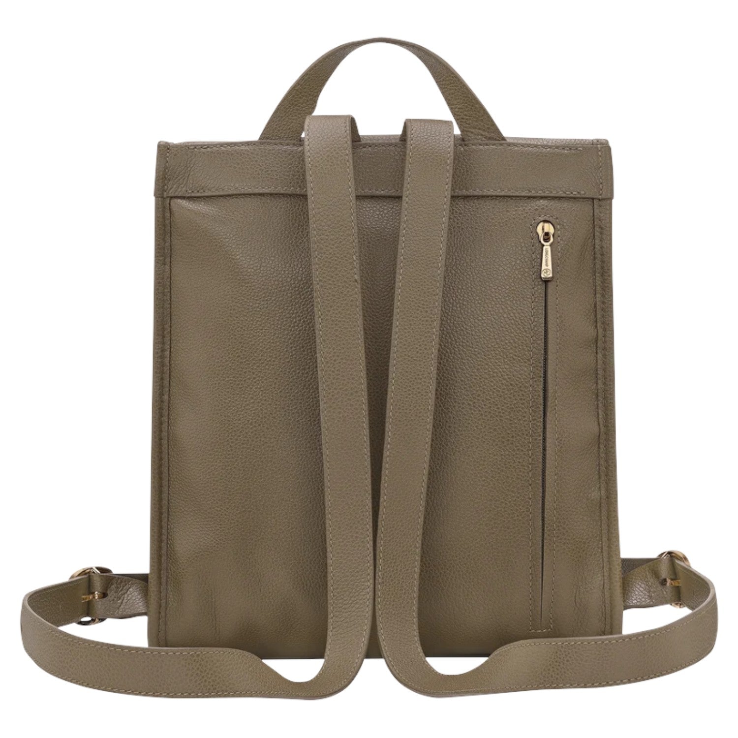 Lieblingstasche Le Foulonné Rucksack in taupe pebbled leather with gold zipper detail and adjustable straps.