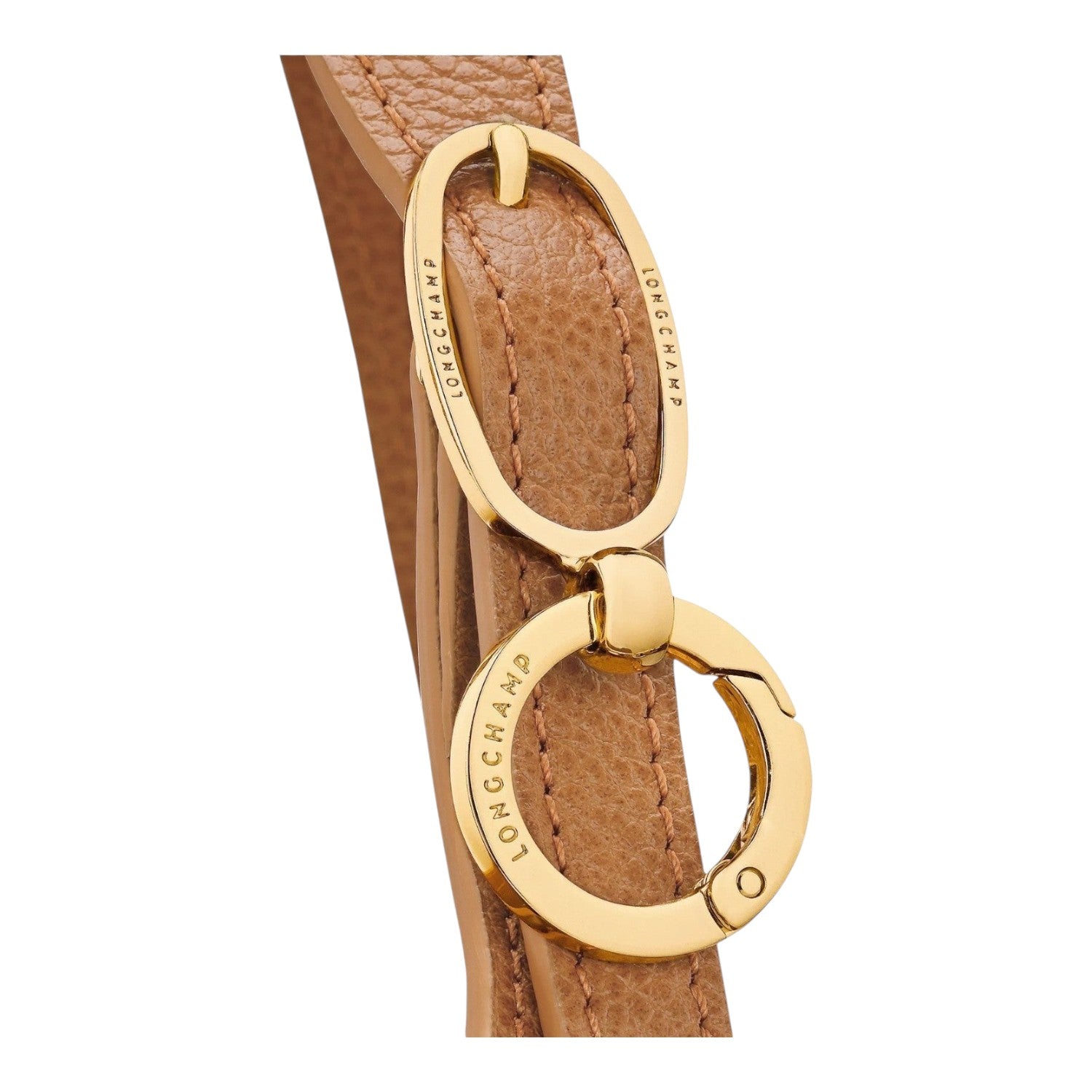 Lieblingstasche Le Foulonné S tan leather handbag strap with gold hardware and embossed logo.
