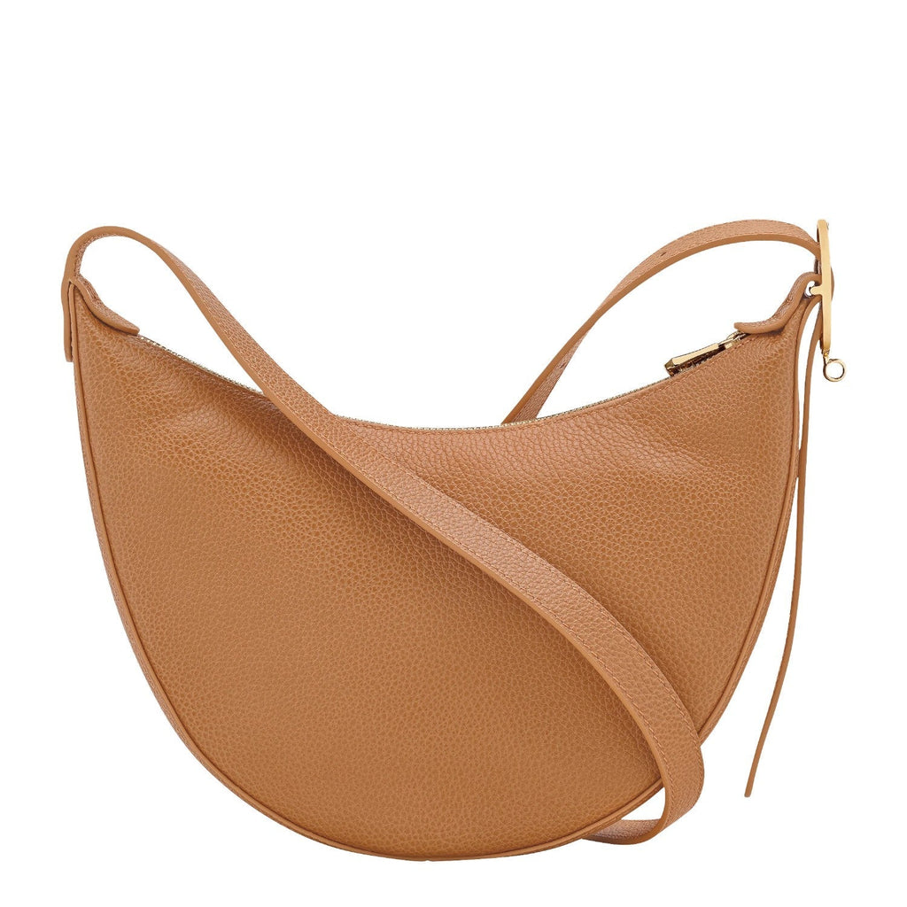 Lieblingstasche Le Foulonné Umhängetasche S, a small brown pebbled leather shoulder bag with a curved shape and gold hardware.