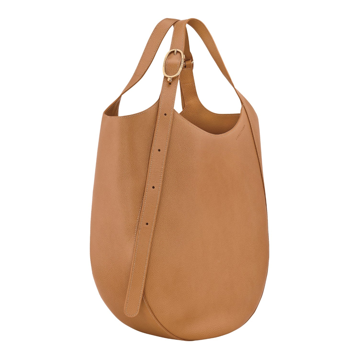 Lieblingstasche Le Foulonné XL tan pebbled leather shoulder bag with adjustable strap and gold buckle.