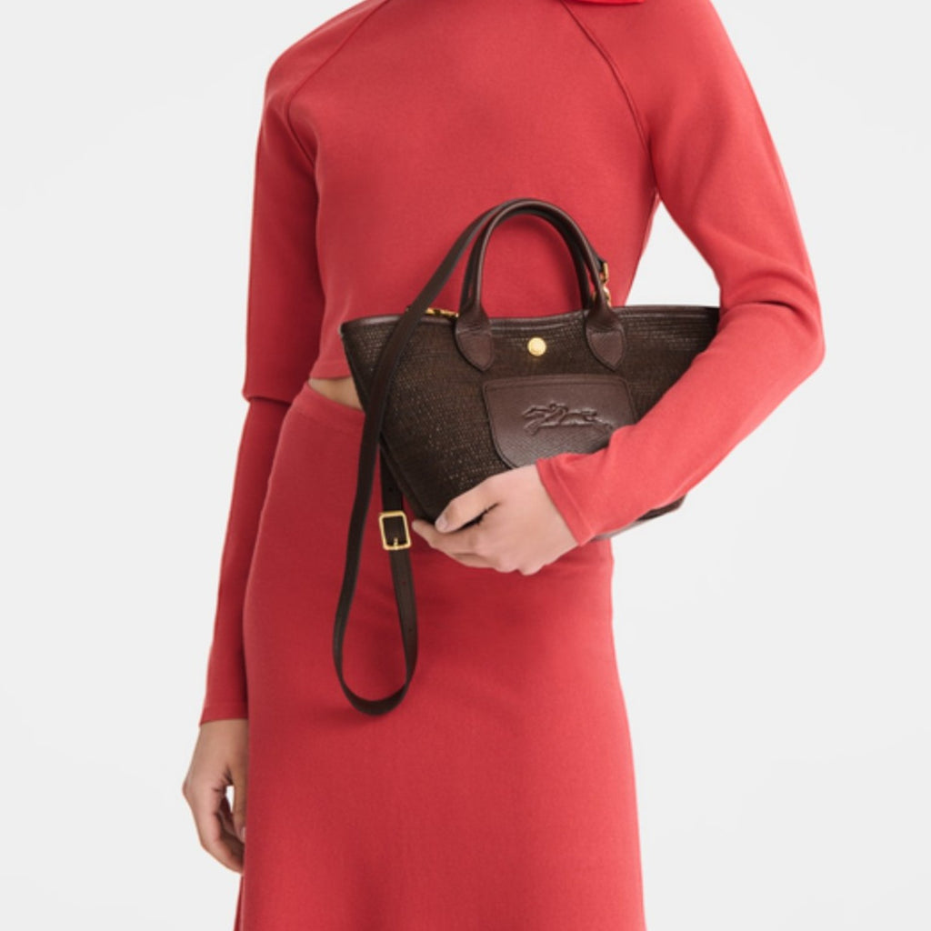 Lieblingstasche Le Panier Pliage XS dark brown woven crossbody bag with leather trim and gold hardware