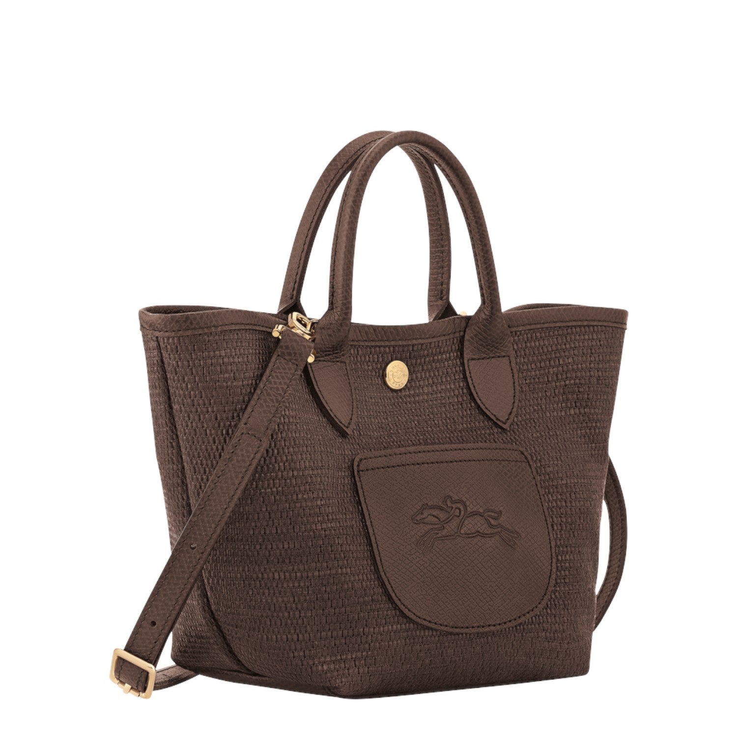 Lieblingstasche Le Panier Pliage XS dark brown woven leather handbag with top handles and adjustable strap.