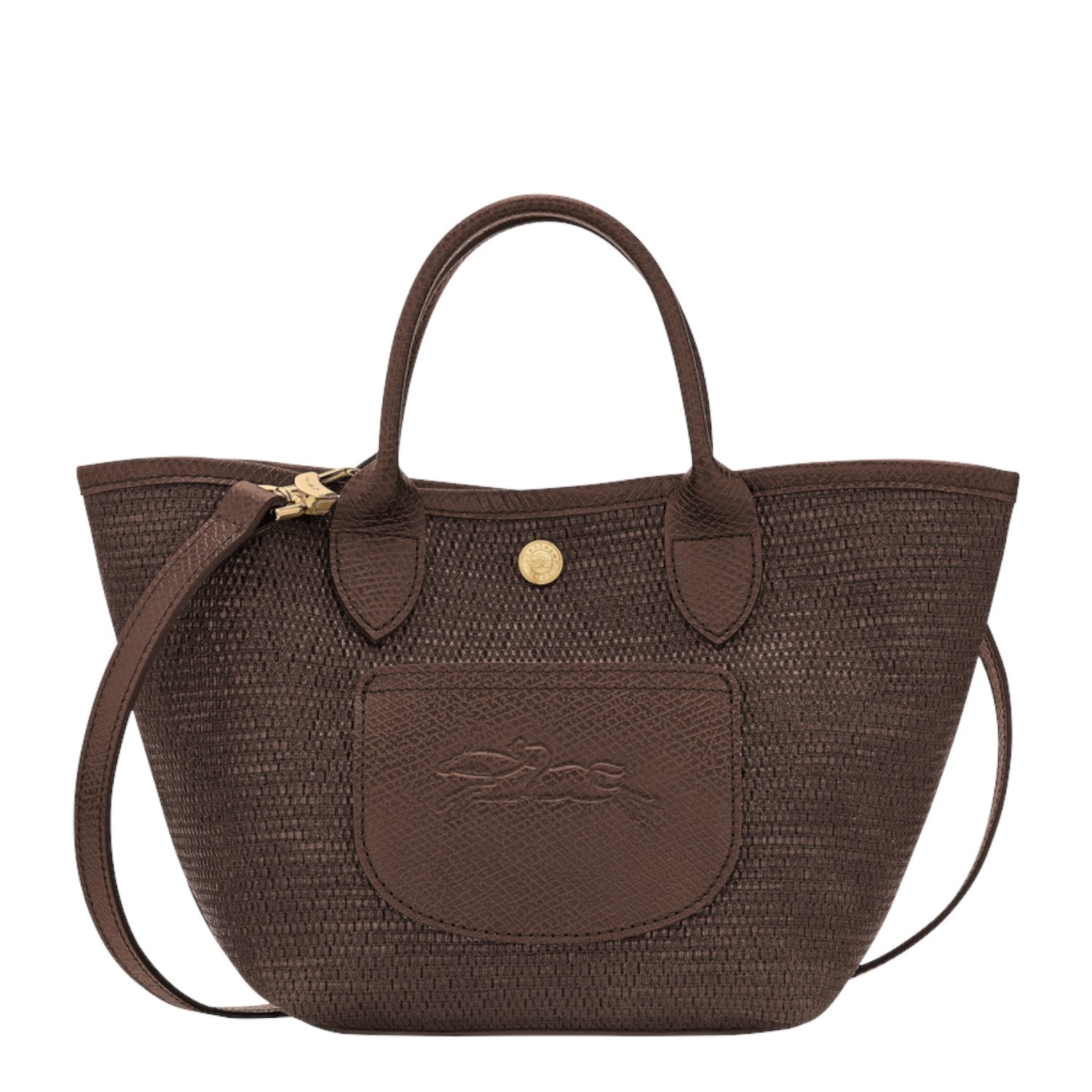 Lieblingstasche Le Panier Pliage XS dark brown woven tote bag with leather trim and embossed logo.