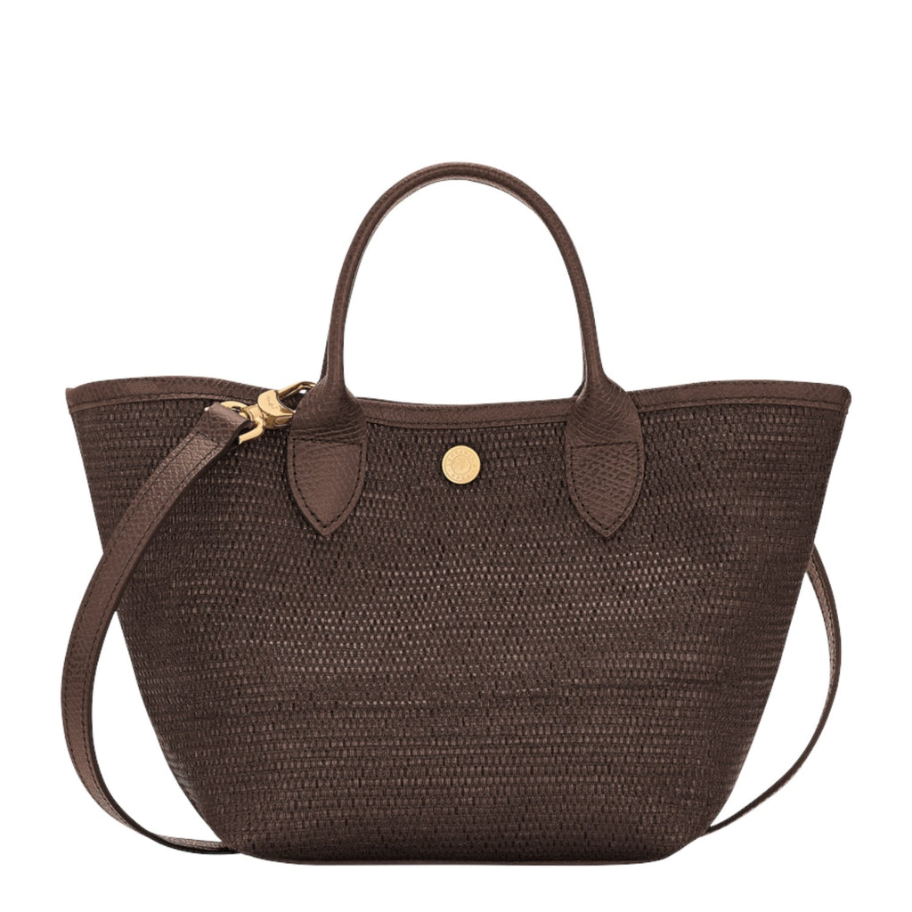 Lieblingstasche Le Panier Pliage XS dark brown woven tote bag with leather trim and gold button accent