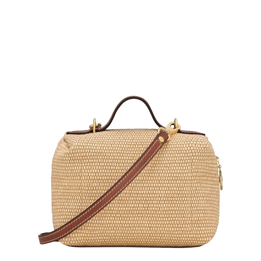 Lieblingstasche Le Panier Pliage XS straw crossbody bag with leather trim and gold hardware.