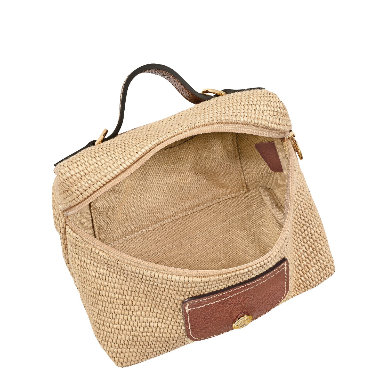 Lieblingstasche Le Panier Pliage XS straw crossbody bag with brown leather trim and gold hardware.