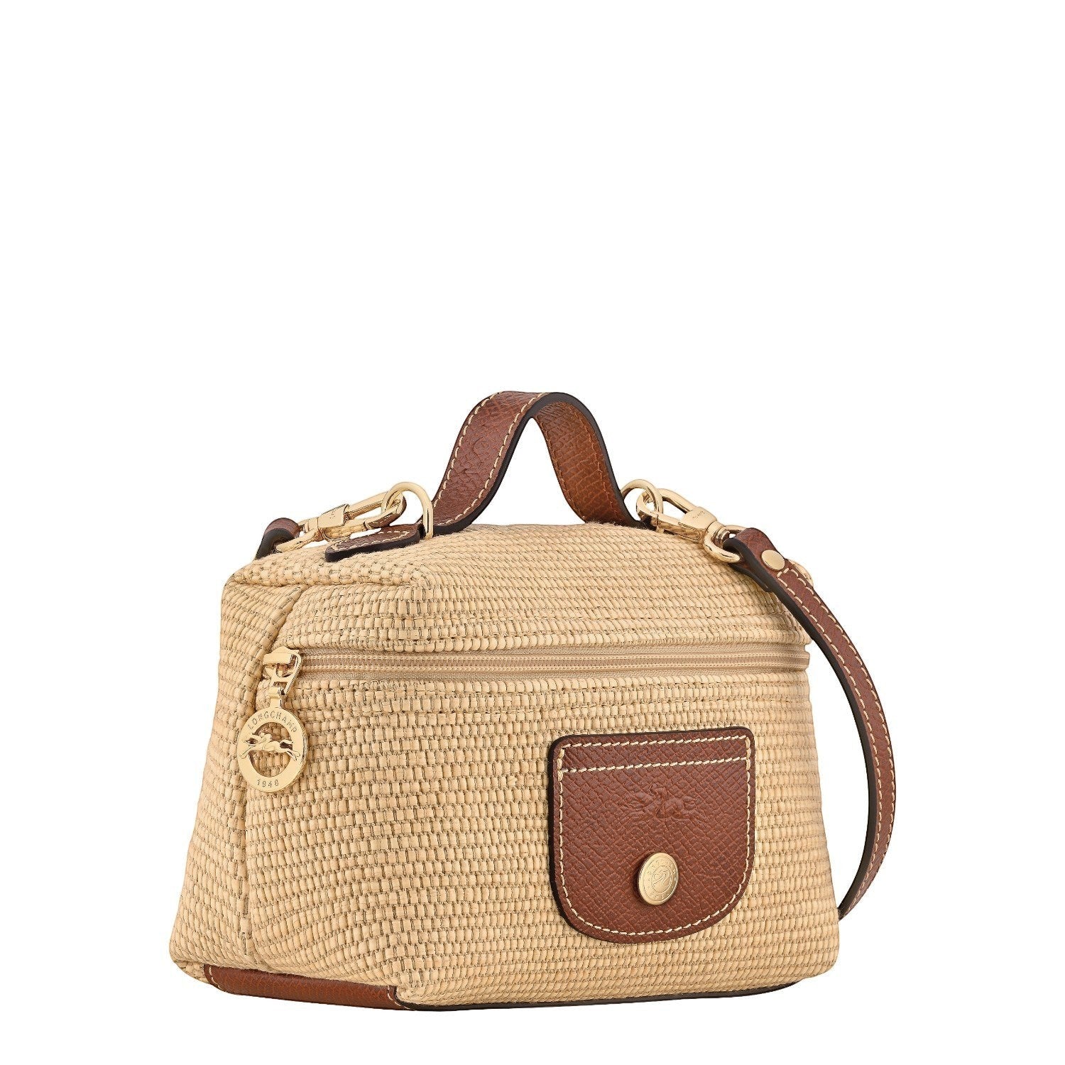Lieblingstasche Le Panier Pliage XS straw crossbody bag with brown leather trim and gold hardware.