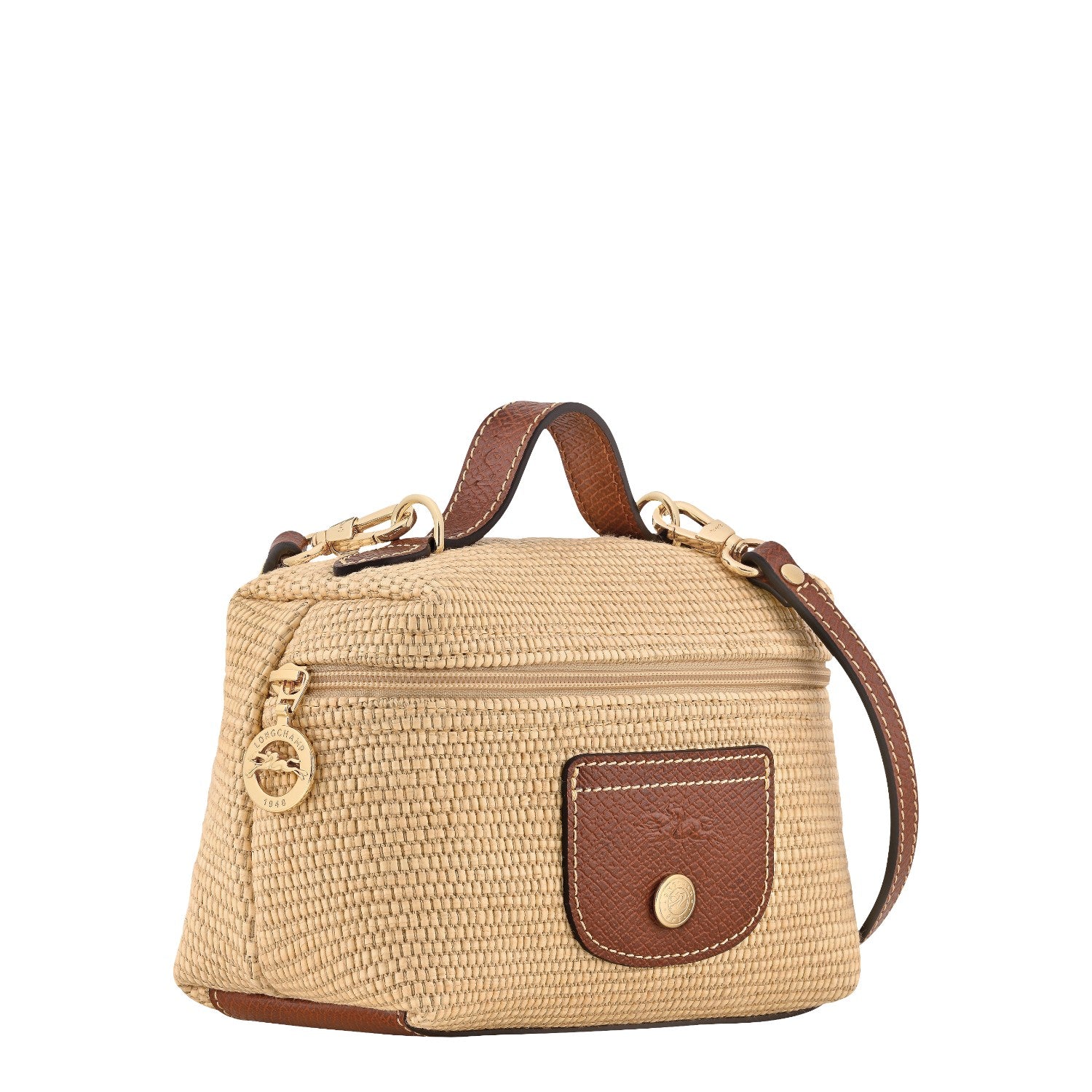 Lieblingstasche Le Panier Pliage XS straw crossbody bag with brown leather trim and gold hardware.