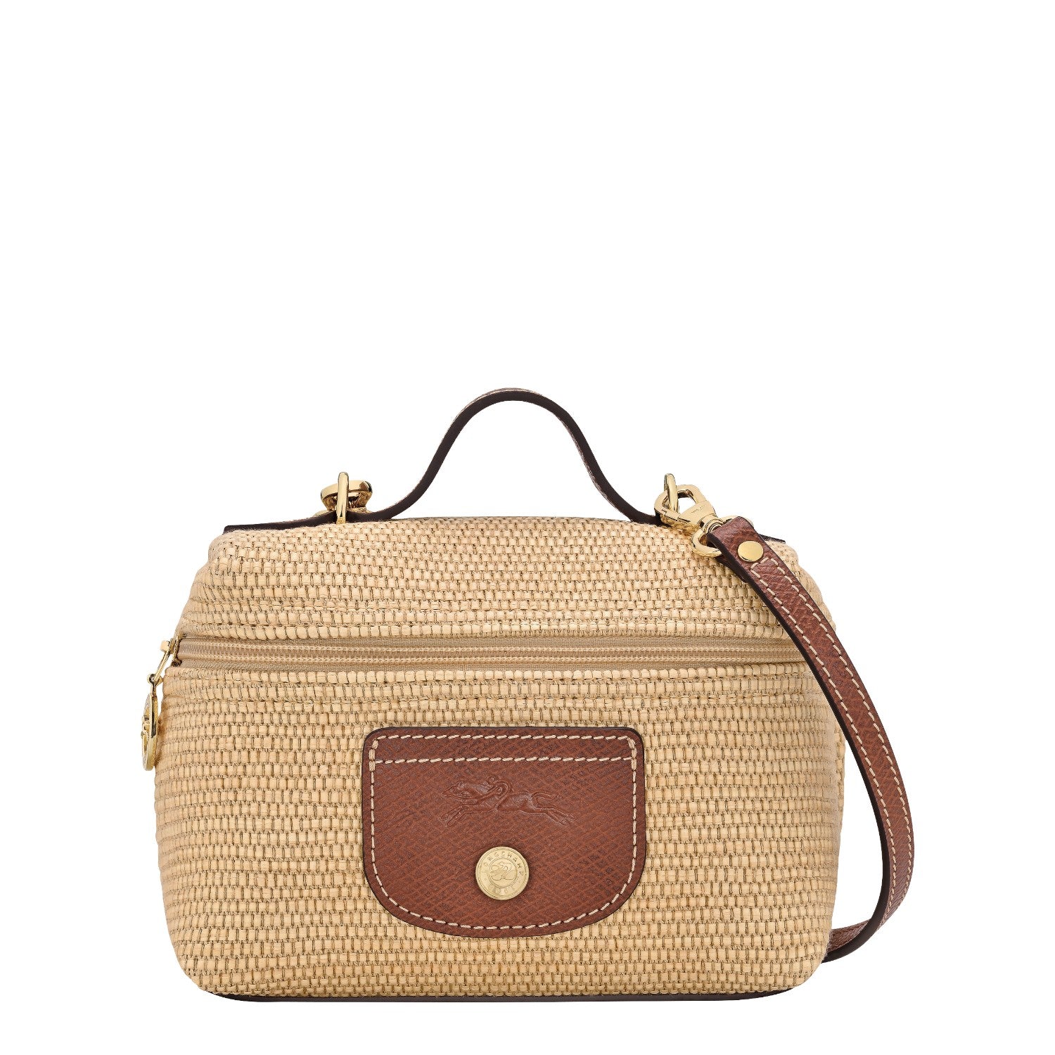 Lieblingstasche Le Panier Pliage XS straw crossbody bag with leather trim and gold hardware.