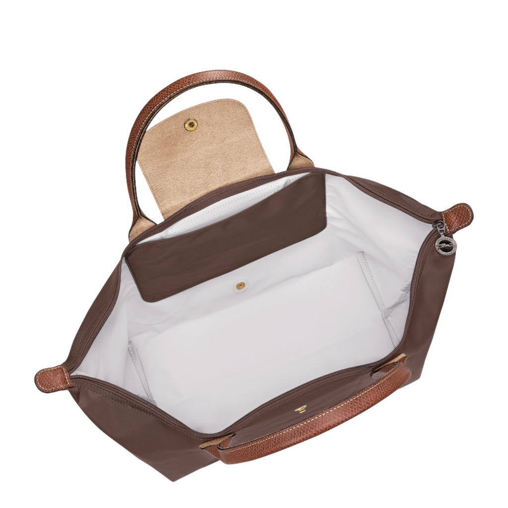 Lieblingstasche Le Pliage large handbag in brown with leather handles and open interior view
