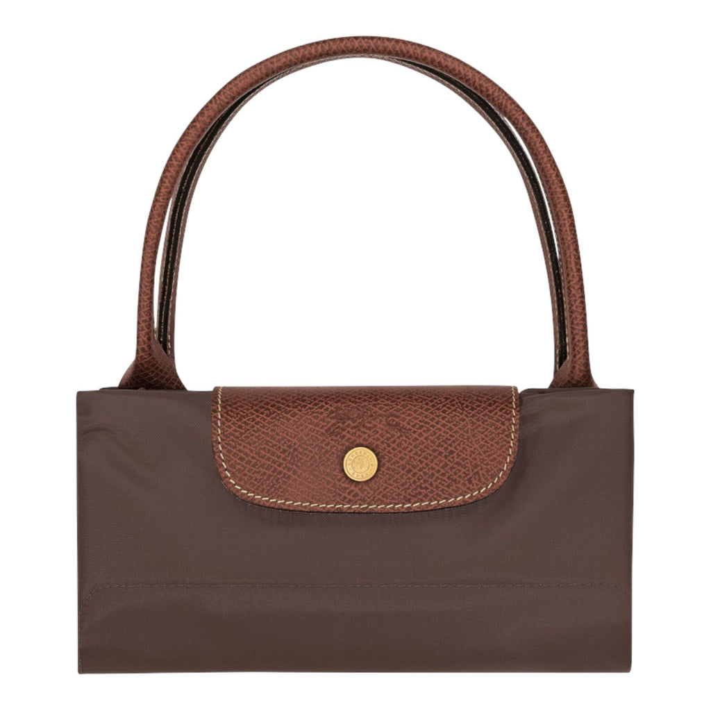 Lieblingstasche Le Pliage large handbag in brown nylon with brown leather flap and gold snap button closure