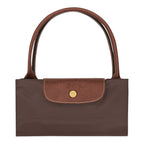 Lieblingstasche Le Pliage large handbag in brown nylon with brown leather flap and gold snap button closure