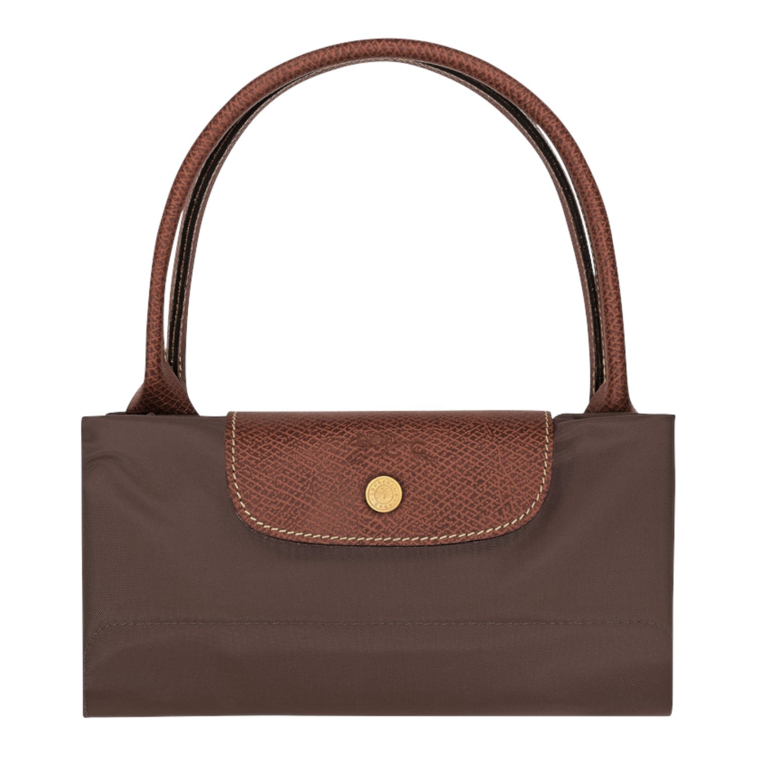 Lieblingstasche Le Pliage large handbag in brown nylon with brown leather flap and gold snap button closure