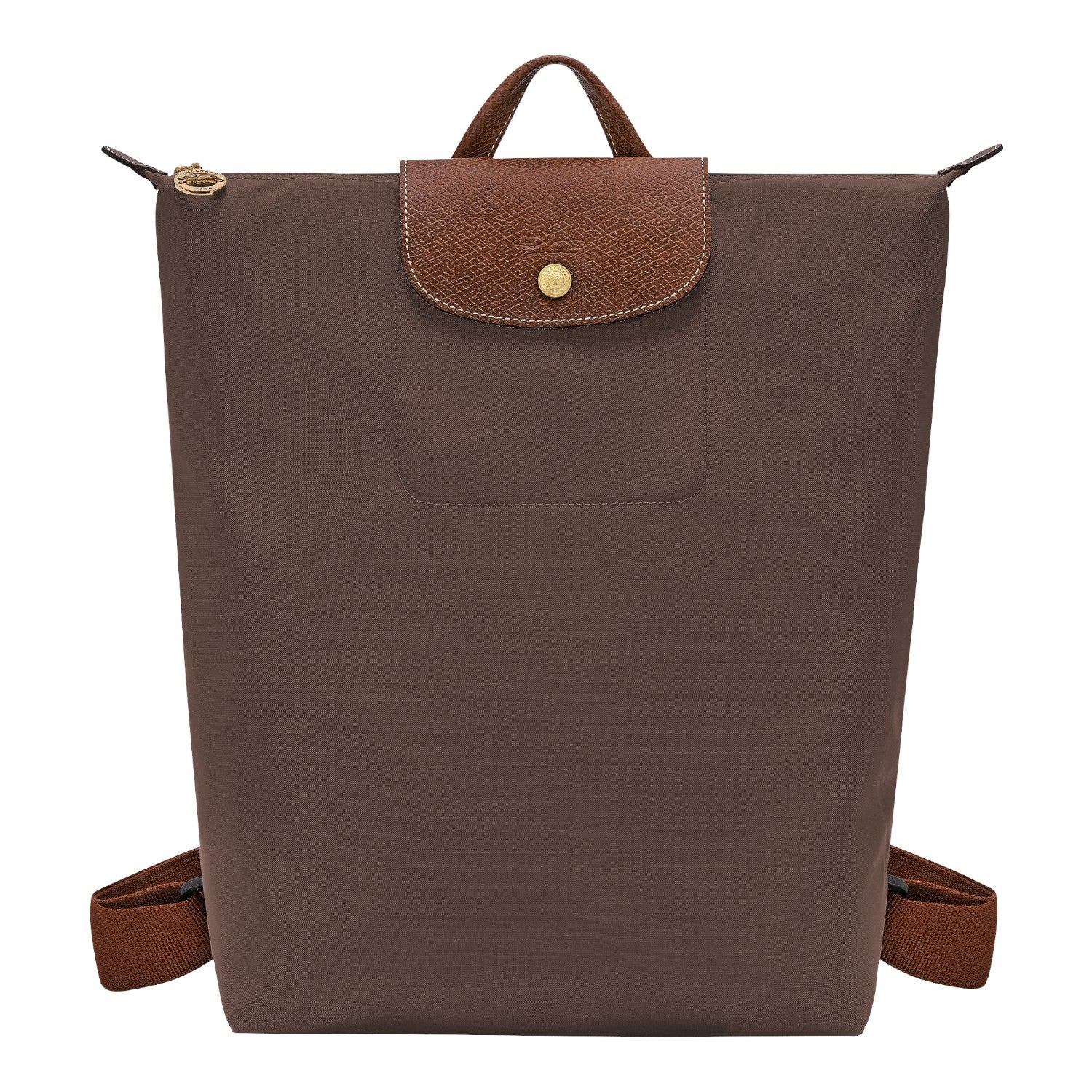 Lieblingstasche Le Pliage brown nylon rucksack with a textured leather flap and gold-tone snap button closure.